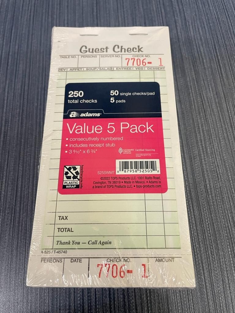 30 Pad Pack of Adams Guest Checks 50 Checks Per Pad 1500 Total Checks