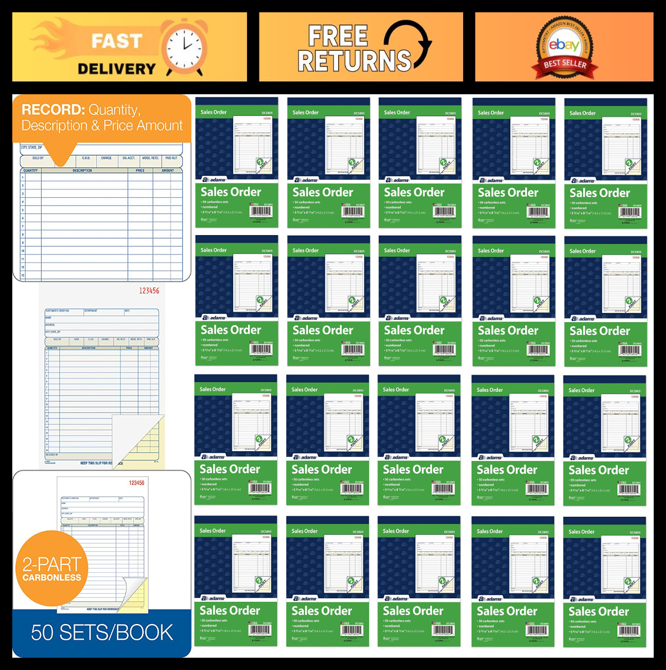 Carbonless Sales Order Book, 2-Part, White/Canary, 50 Sets, 5.5 x 8.5 Inches