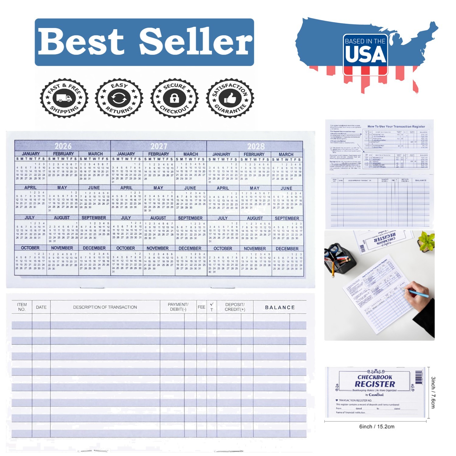Stylish 6×3 Checkbook Registers with 2026-2028 Calendar for Smart Budgeting
