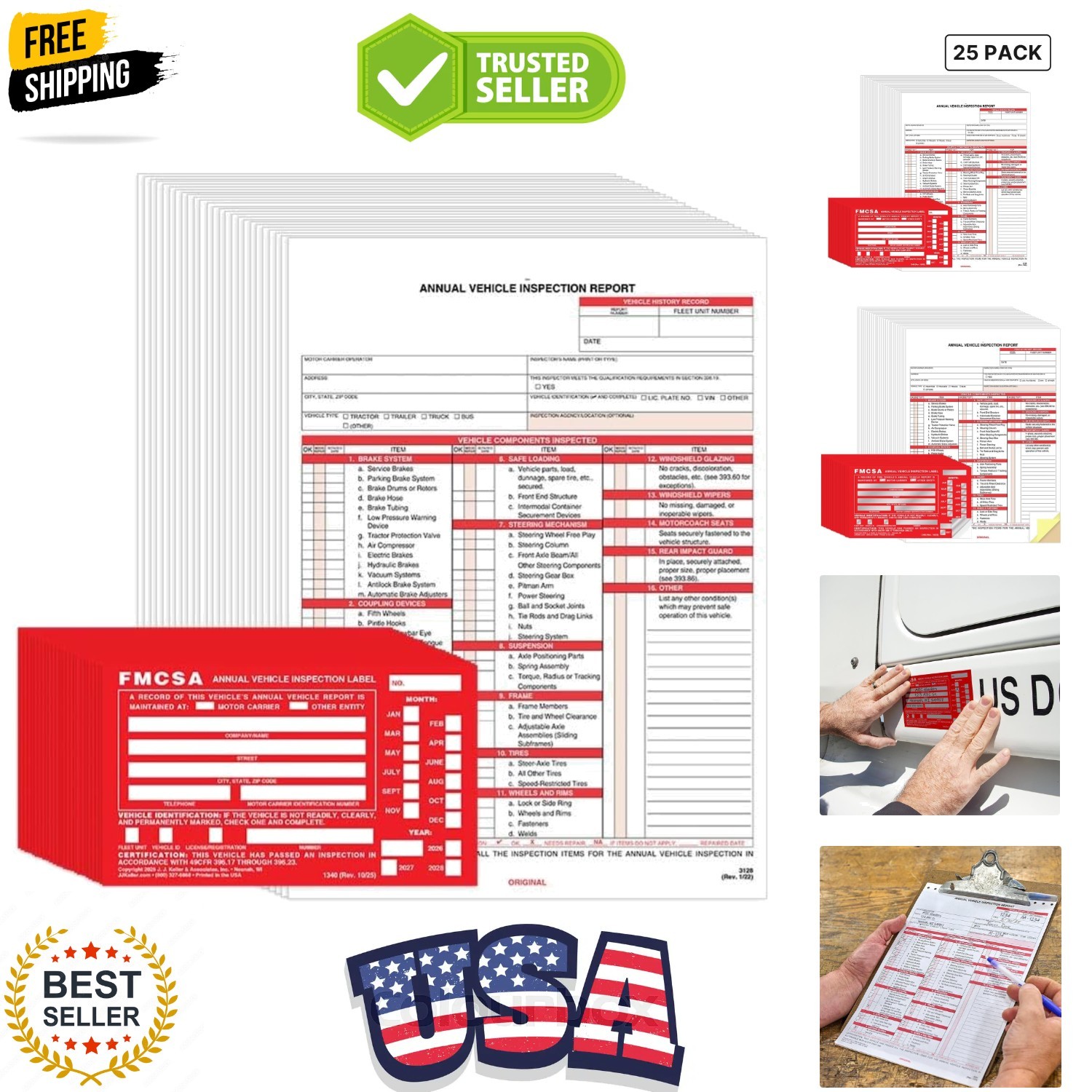 J. J. Keller 25-Pack, Annual Vehicle Inspection Report Form & Red FMCSA Label…