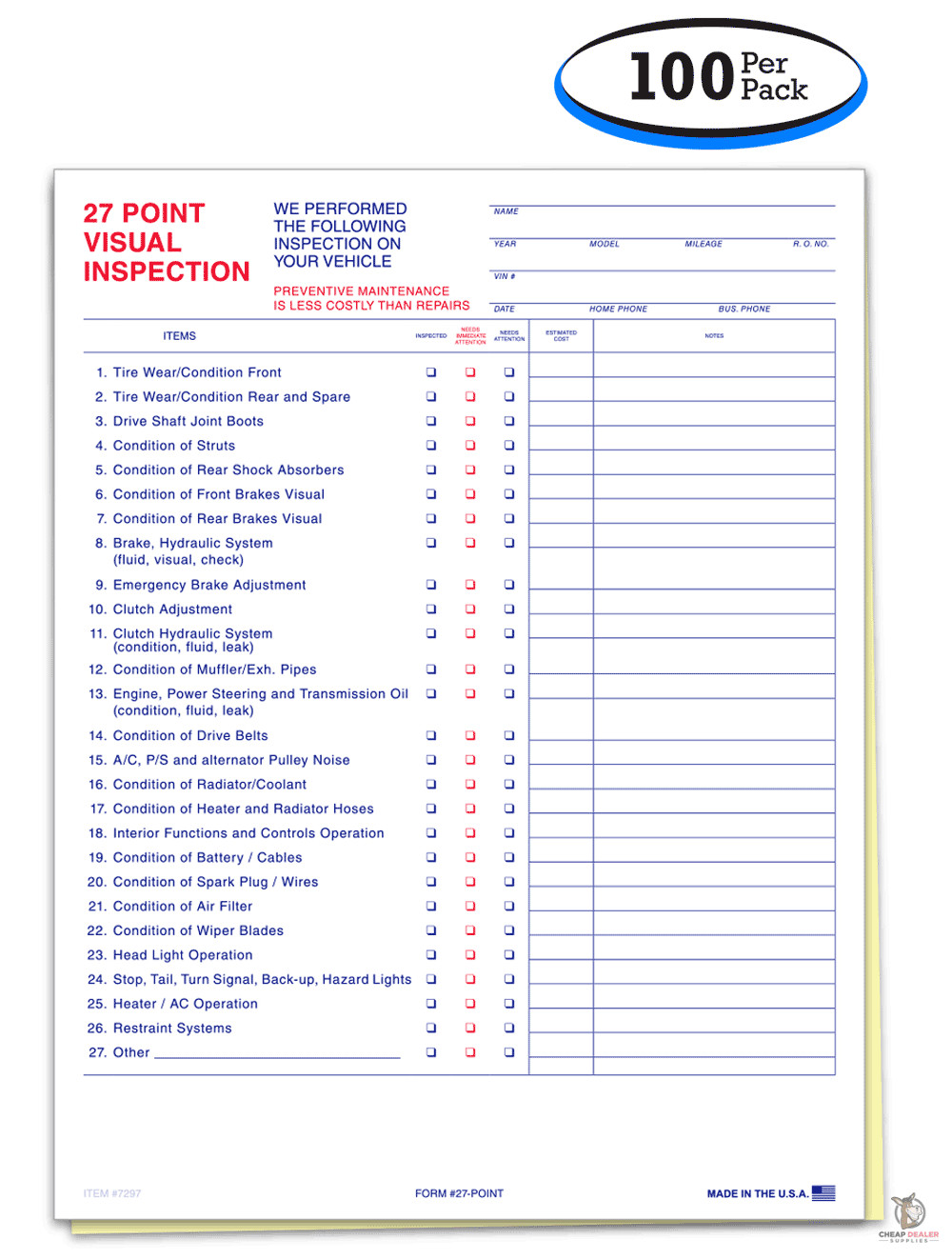 27 POINT VISUAL INSPECTION CAR SHEET 2 PART FORM #27 POINT 100 PER PACK DEALER