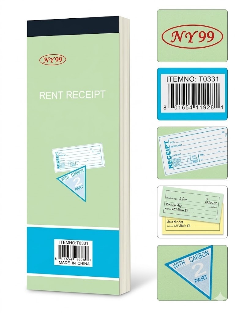 2-Part Carbonless Rent Receipt Book Sequentially Numbered Duplicate Landlord