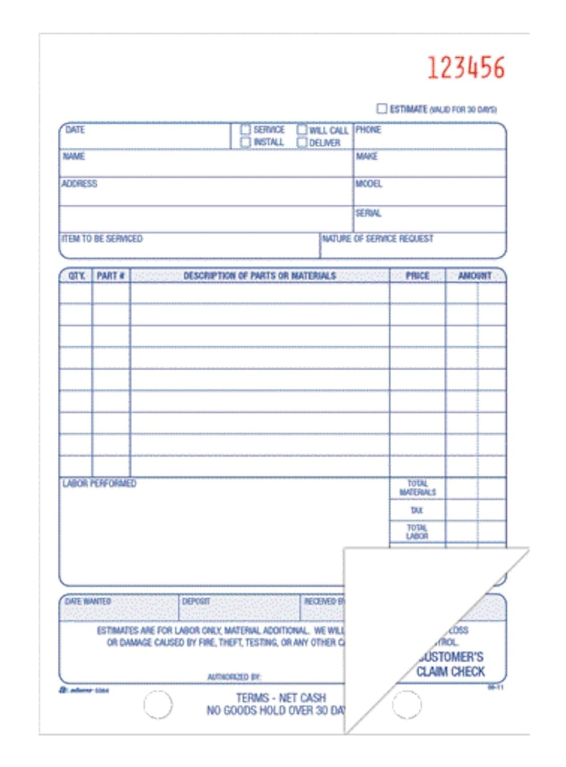 Carbonless 2 Part Repair Order Book 5 9/16 x 8 7/16 Inches White/White 50 Sets