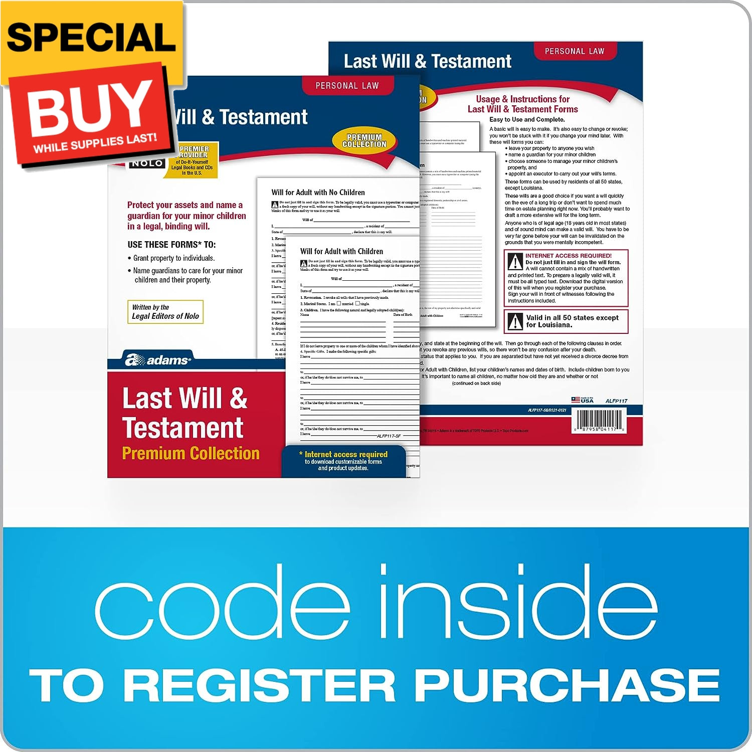 Last Will and Testament with Forms and Instructions (Alfp117),White, 8.5 X 0.12