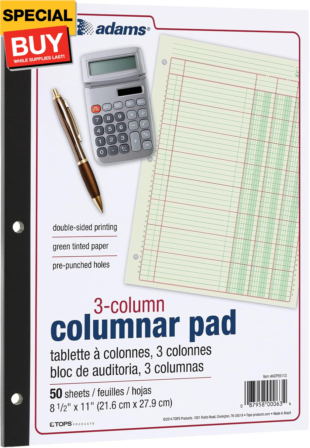 Columnar Analysis Pad, 3 Column, 8 1/2 X 11, Single Page Format, 50 Sheets/pad (