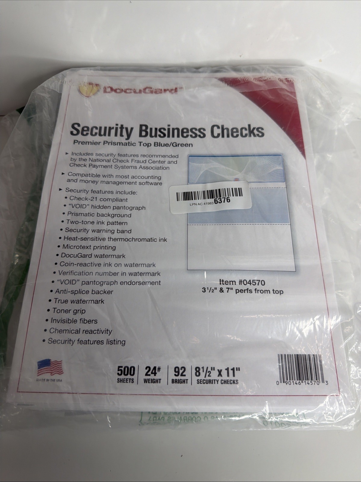 DocuGard Prismatic Business Checks 3/pg Blue Green 2500 Sheets 8.5×11