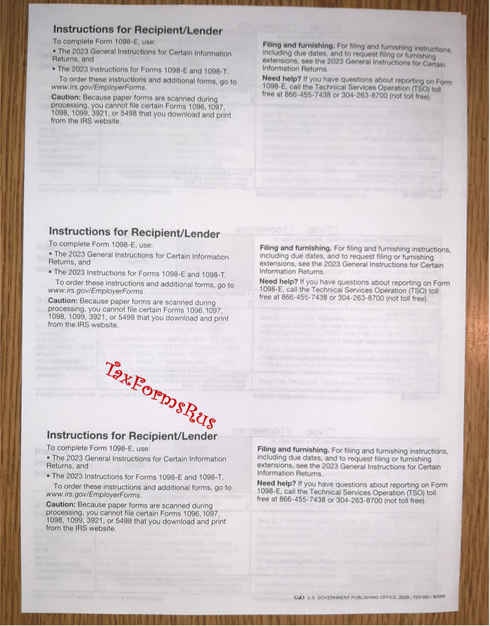 2023 IRS Tax Form 1098-E single sheet set for 3 borrowers, NONcarbonless 3pt 3up