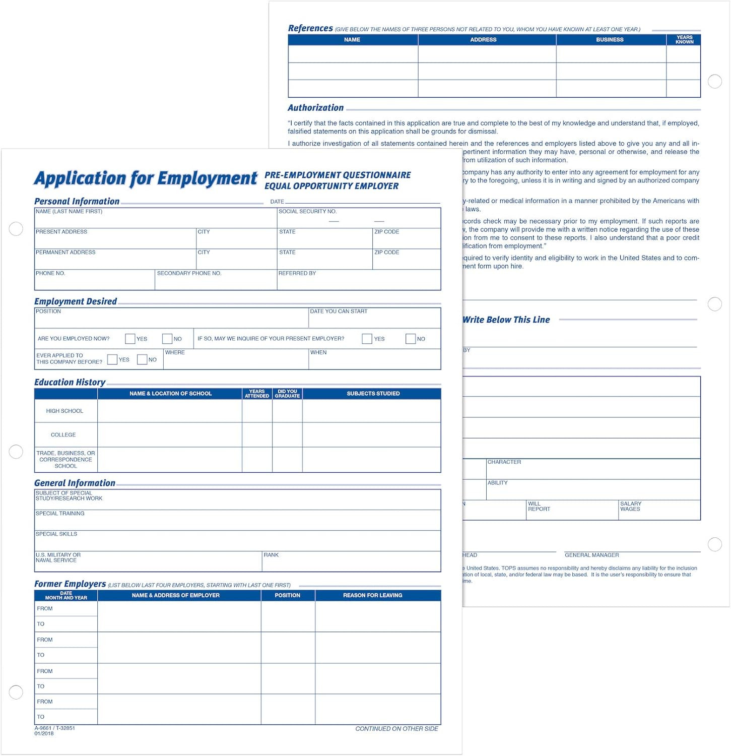 Applications for Employment, 8.5 x 11 Inch, 3-Hole Punched, 50-Sheets/Pack, 2…