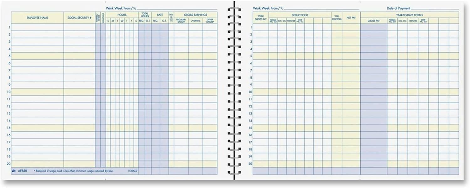 Adams Weekly Payroll Record, 20 Employee Capacity, Spiral Binding, 11 x 8.5