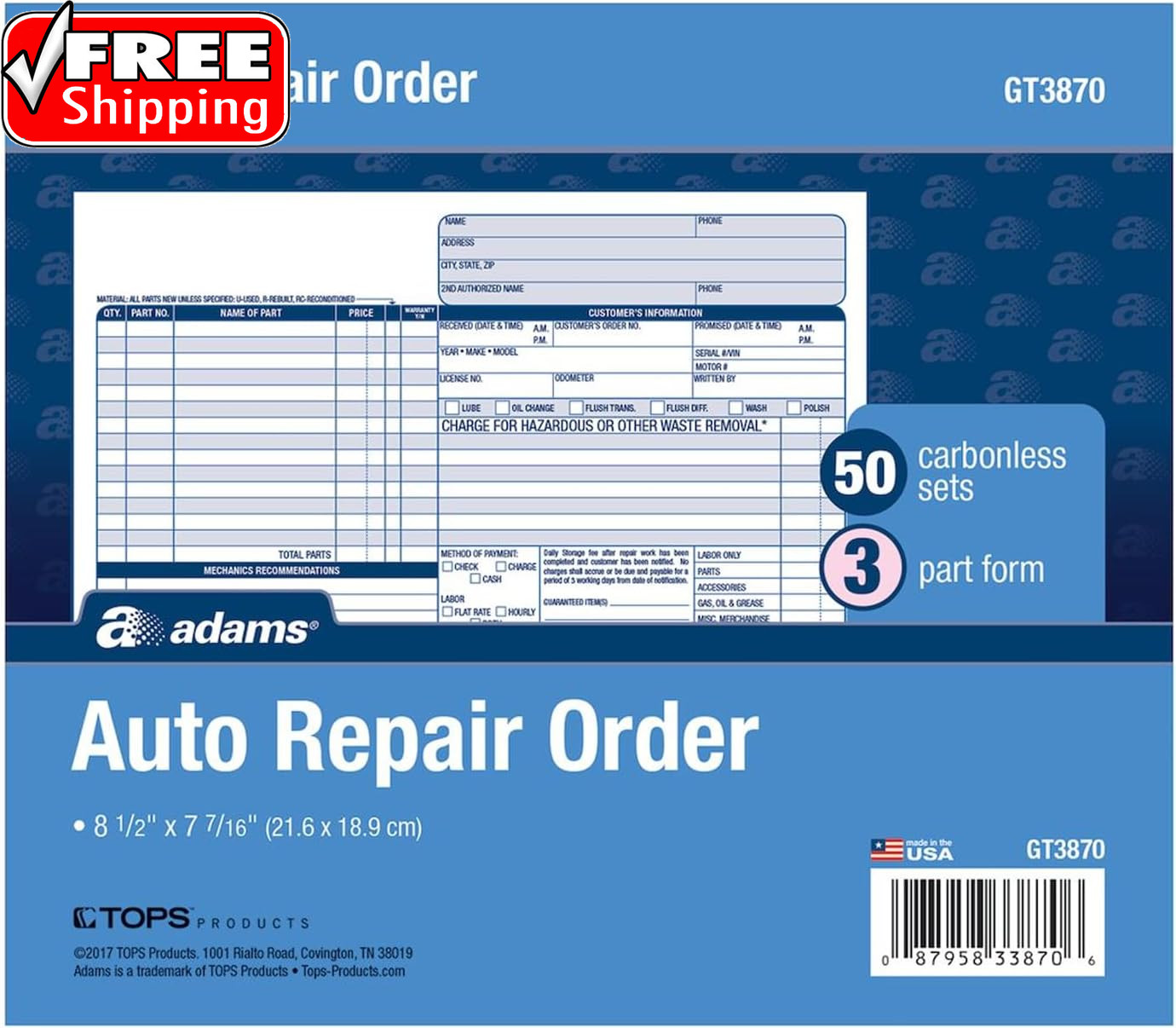 Auto Repair Order Forms, 8.5 X 7.44 Inch, 3-Part, Carbonless, 50-Pack, White and