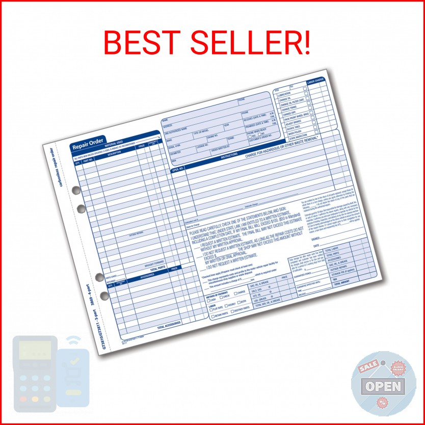 Adams Garage Repair Order Forms, 8.5 x 11.44 Inches, 3 Part, 50 Sets, White and
