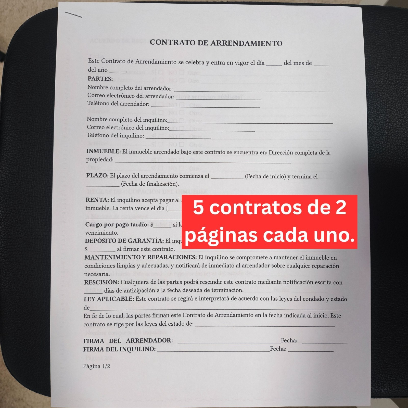 Contrato de Arrendamiento en ESPAÑOL (5X) Contrato de renta universal 2 páginas.
