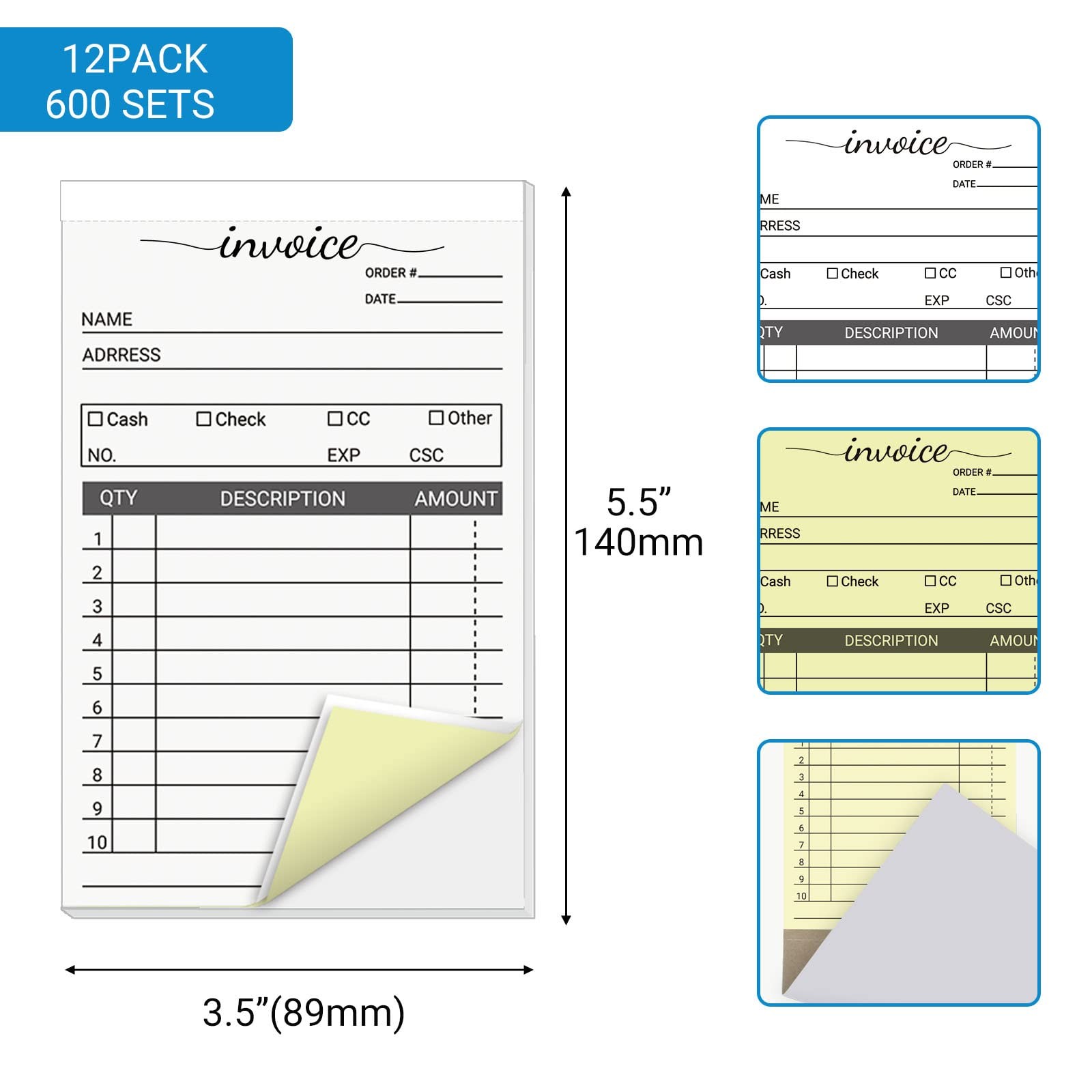 12 Pack 3.5 x 5.5 Inch Carbonless Receipt Books Small Business Invoice Pads 50