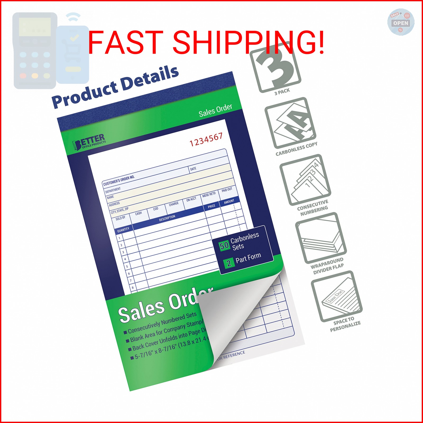 Better Office Products Large Sales Order Books, 3 Pack, 2-Part Carbonless (White