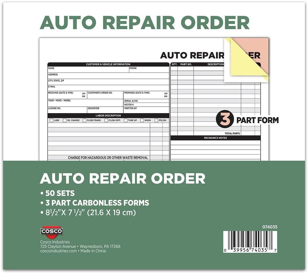 COSCO Auto Repair Order Forms, 3-Part, Carbonless, 50-Pack, White and Canary (07