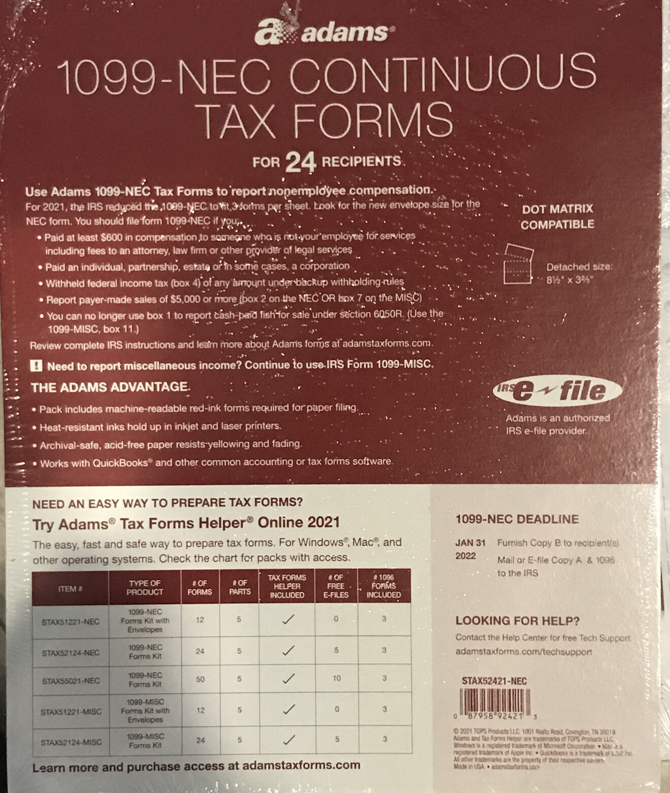 New ADAMS 1099-NEC Continuous Tax Forms For 24 Recipients Tax Year 2021