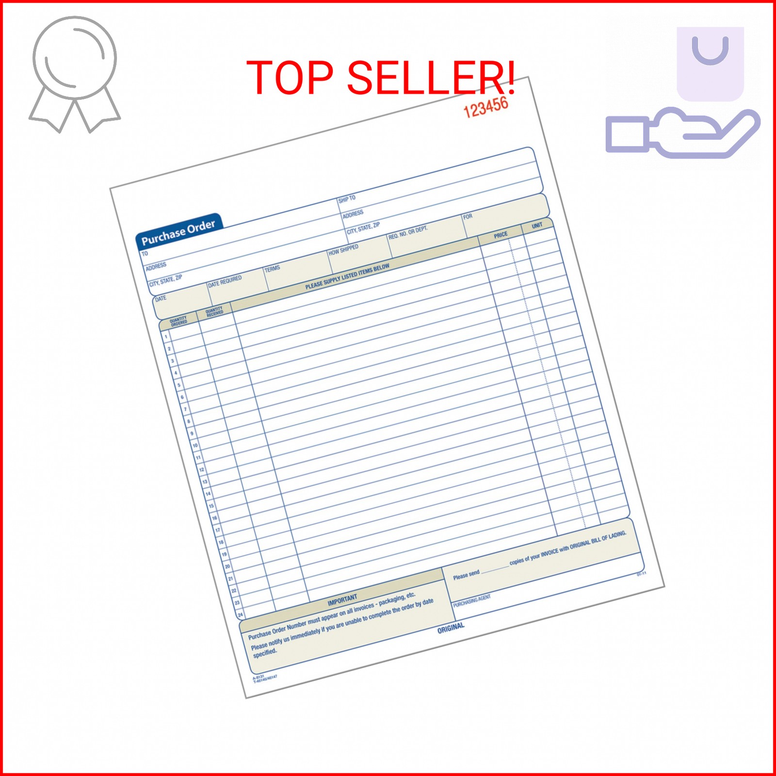 Adams Purchase Order Book, Carbonless, White/Canary, 2-Part, 8-3/8 x 10-11/16 In