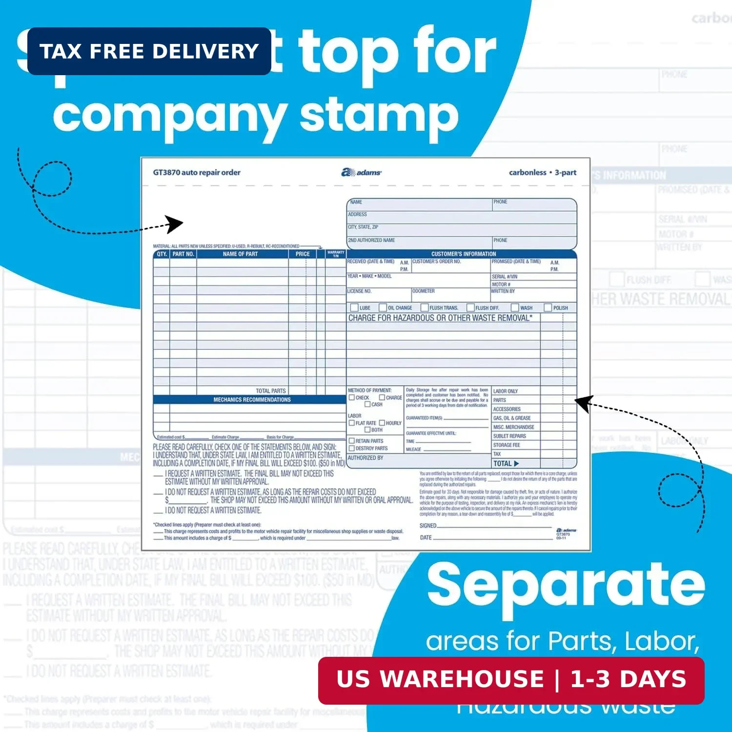 Adams Auto Repair Order Forms, 8.5 X 7.44, 3-Part, Carbonless, 50-Pack (GT3870)