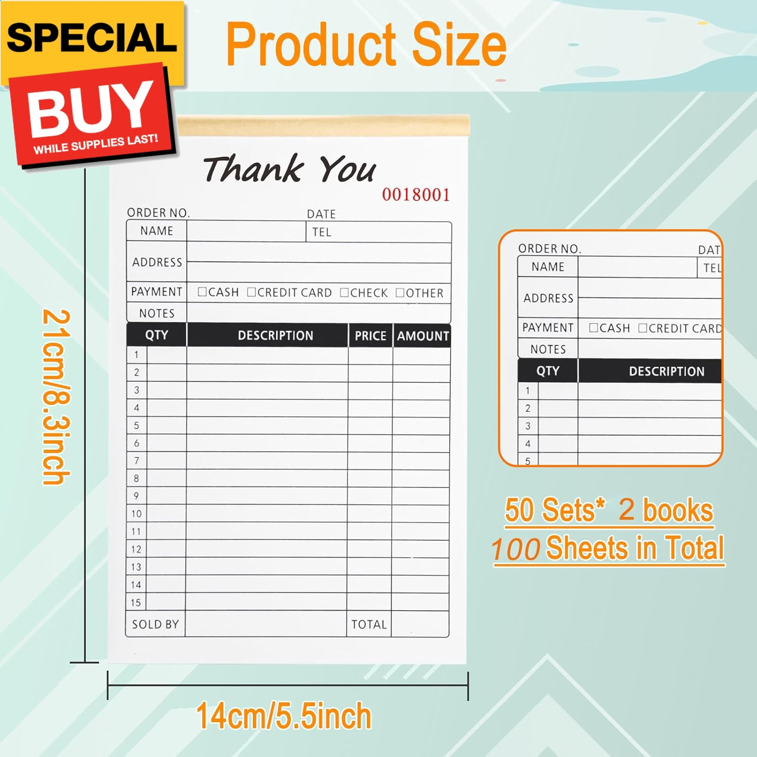 Receipt Book with Cardboard 2-Part Carbonless, Order Forms for Small Business
