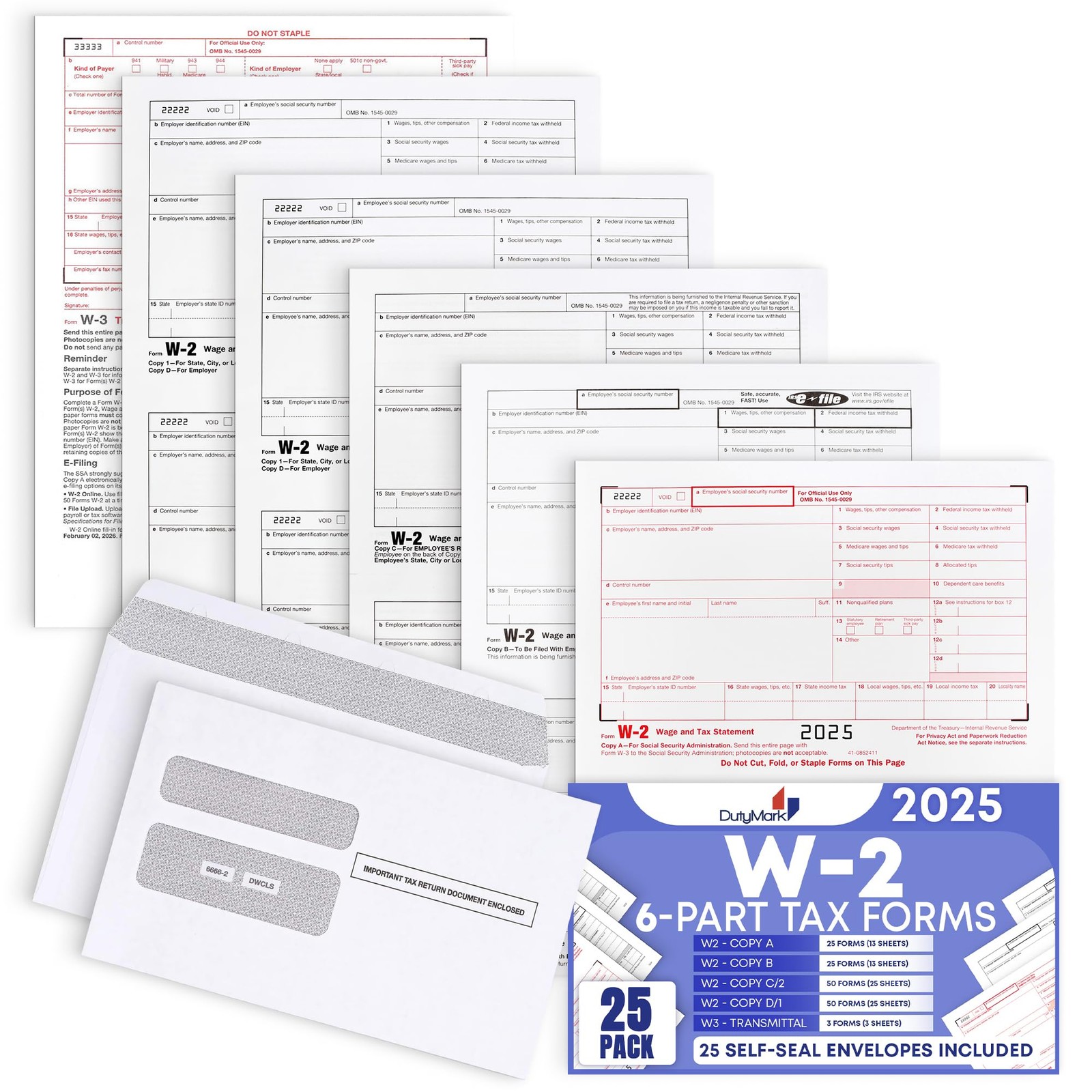 W2 Forms 2025 with Envelopes, 6 Part W2 Tax Forms for 25 Employees IRS Compat…