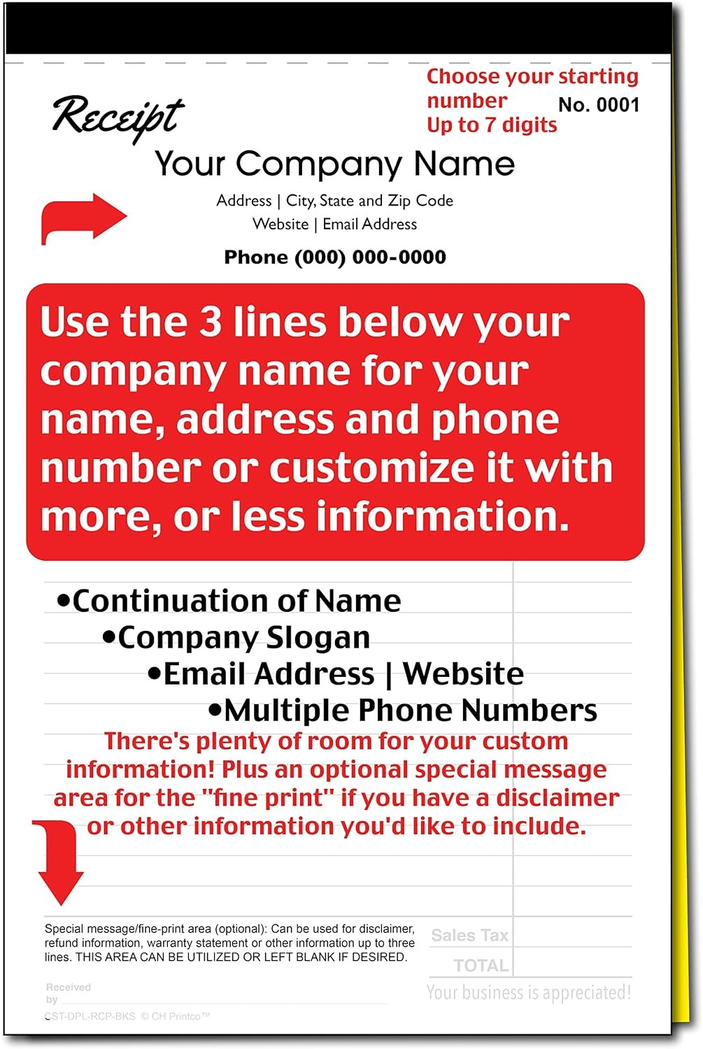 Custom Duplicate Receipt Books W/ Your Company Name. 2 Books 100 Sets Numbered.
