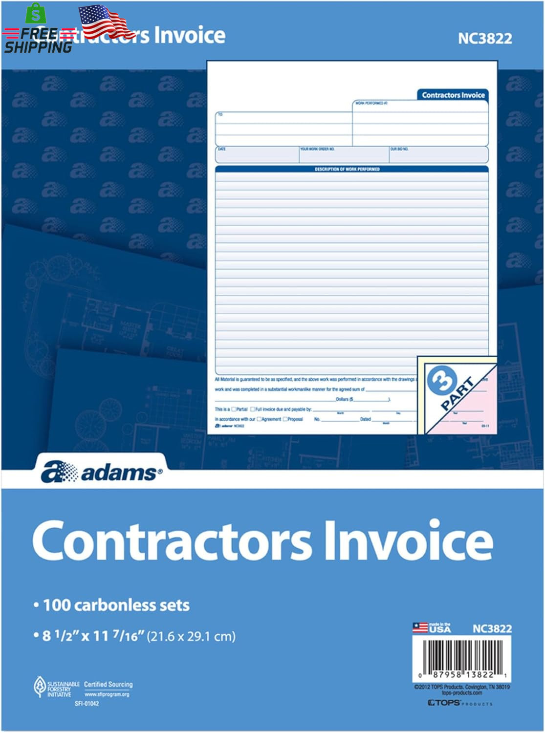Adams Contractor Invoice Forms, 8.5 X 11.44 Inch, 3-Part, Carbonless, 100-Pack,