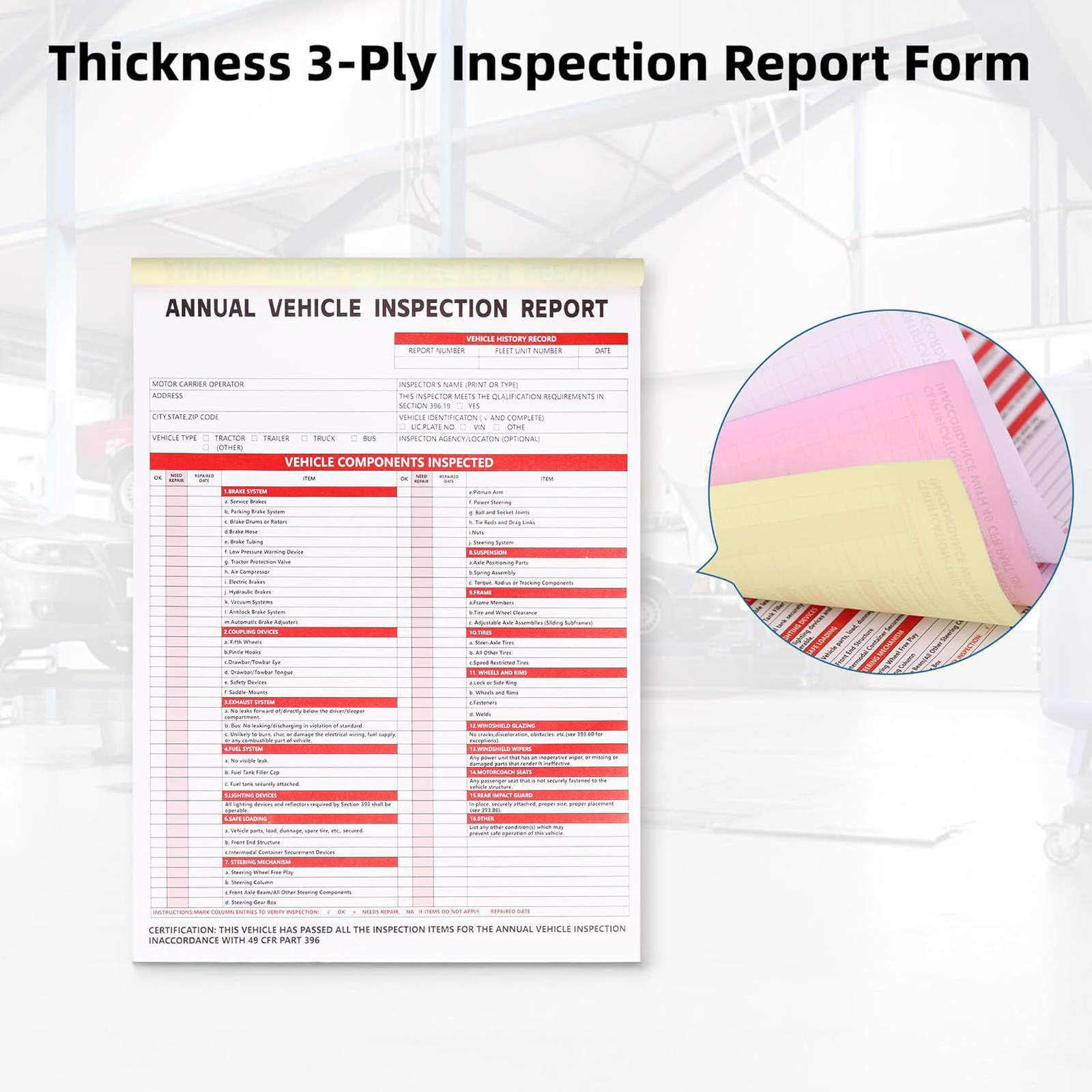 15-Pack Vehicle Inspection Report Forms Carbonless 3-Ply Hardboard Labels FMCSA