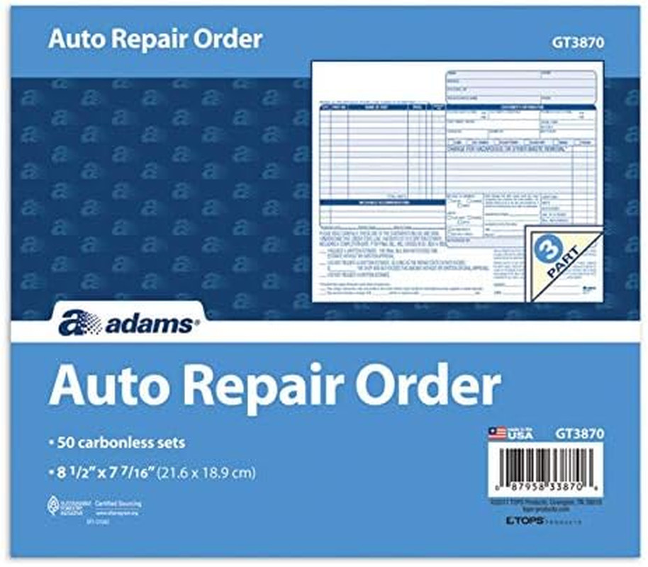 Adams Auto Repair Order Forms, 8.5 X 7.44, 3-Part, Carbonless, 50-Pack (GT3870)