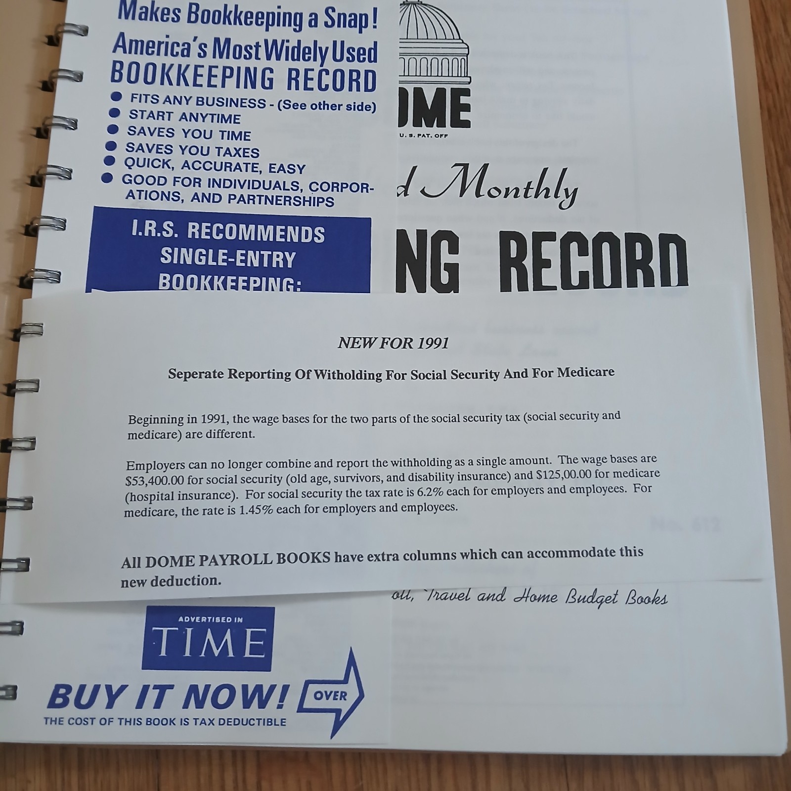 DOME Simplified Monthly Bookkeeping Record Book 1991 Spiral Bound New No. 612