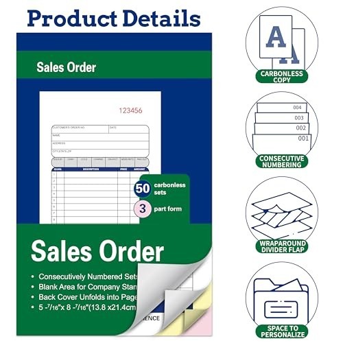2 Pack Carbonless Sales Order Books – 50 Sets, 3-Part Receipt Forms, 5.5×8.5