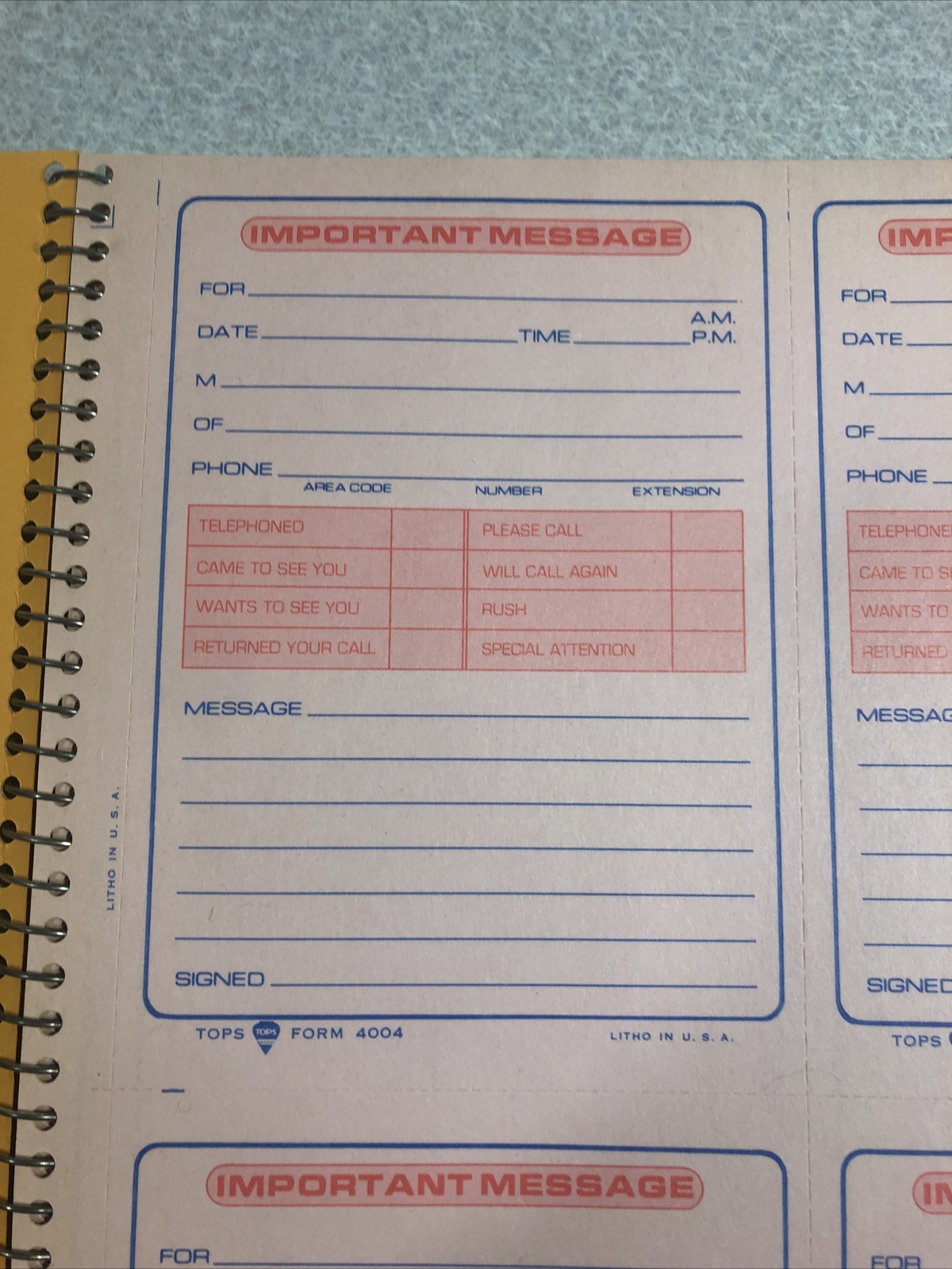 TOPS “While You Were Away” Message, Carbonless Duplicate Form No. 4004