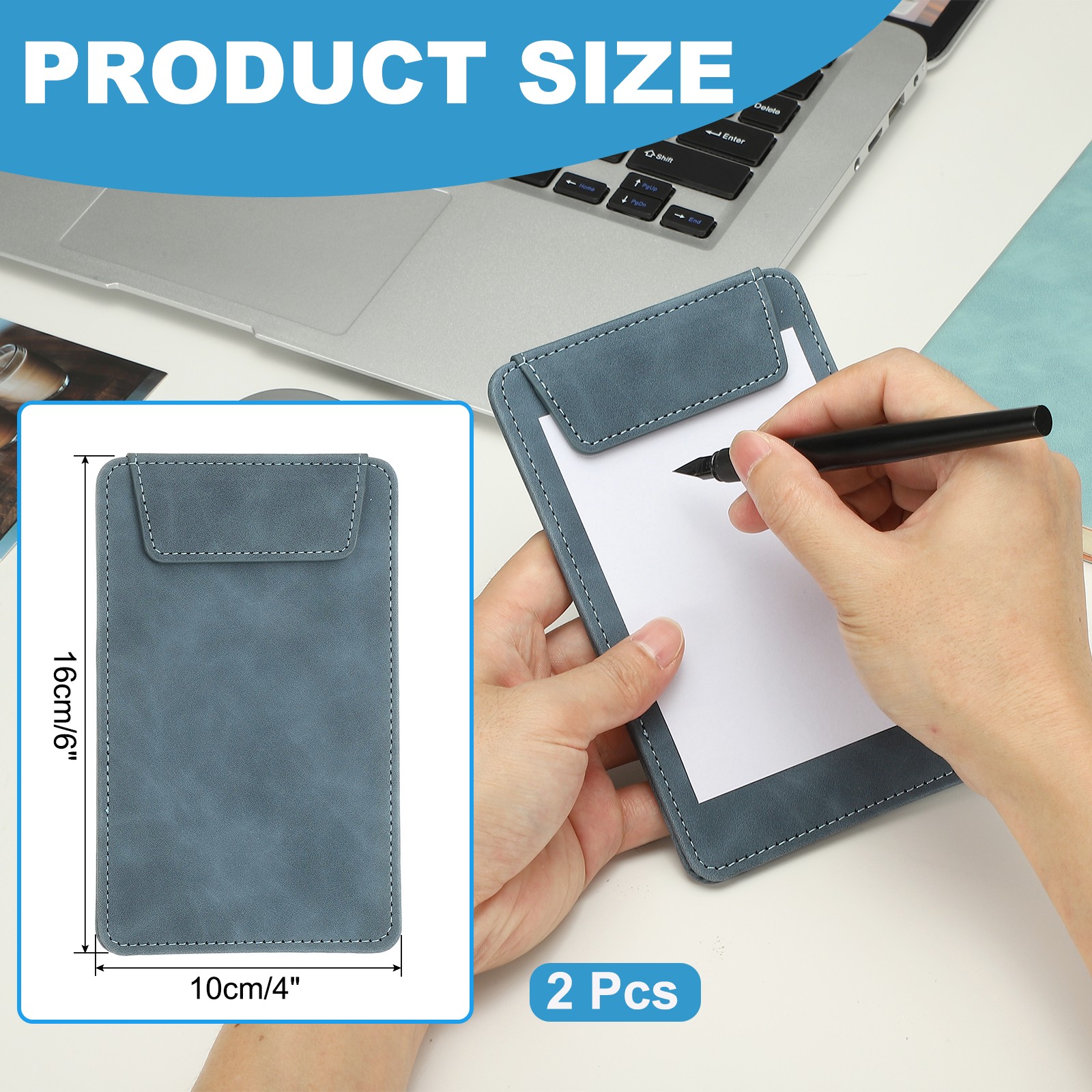 2 Pack Mini Clipboard 6″ x 4″ Leather Small Clipboard with Pen Holder Blue