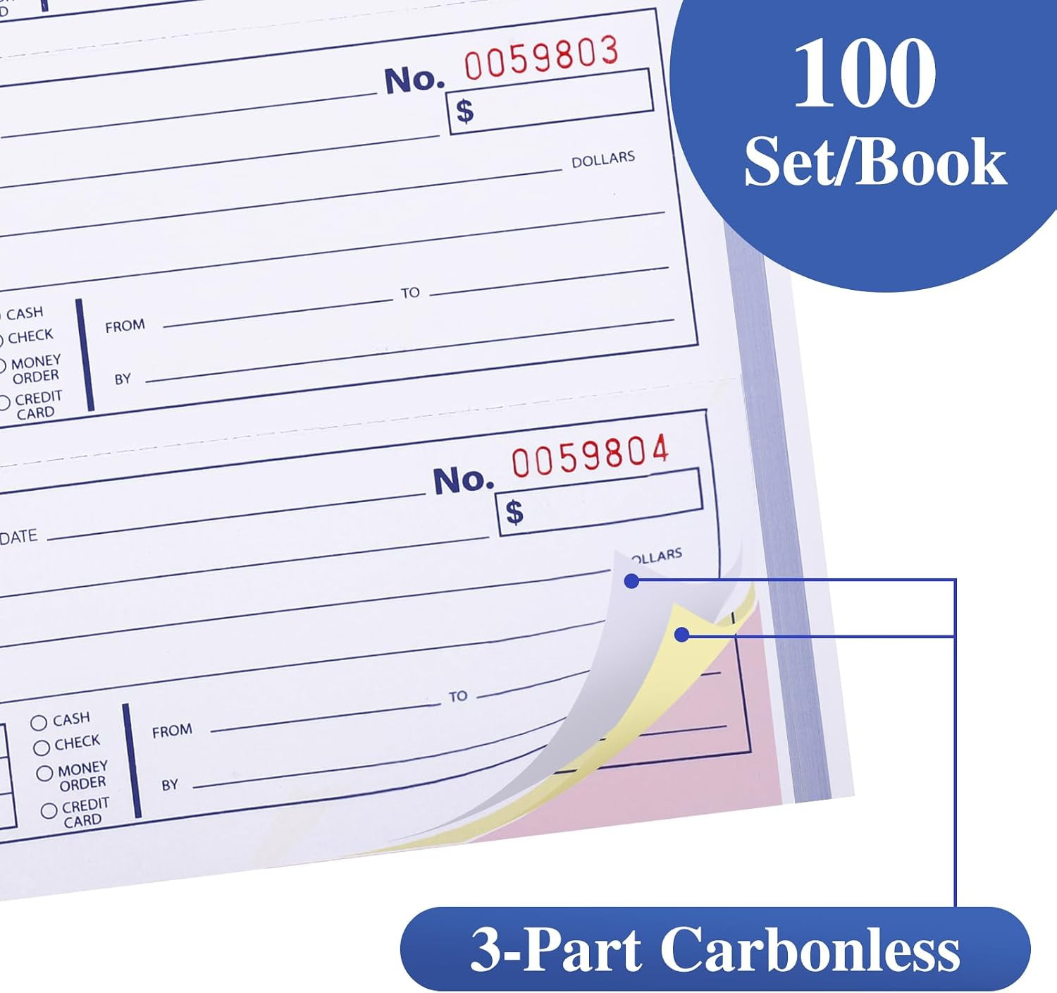 2 Pack Receipt Books with Carbon Copies, 3-Part Carbonless | 5.24″ X 11, , 100