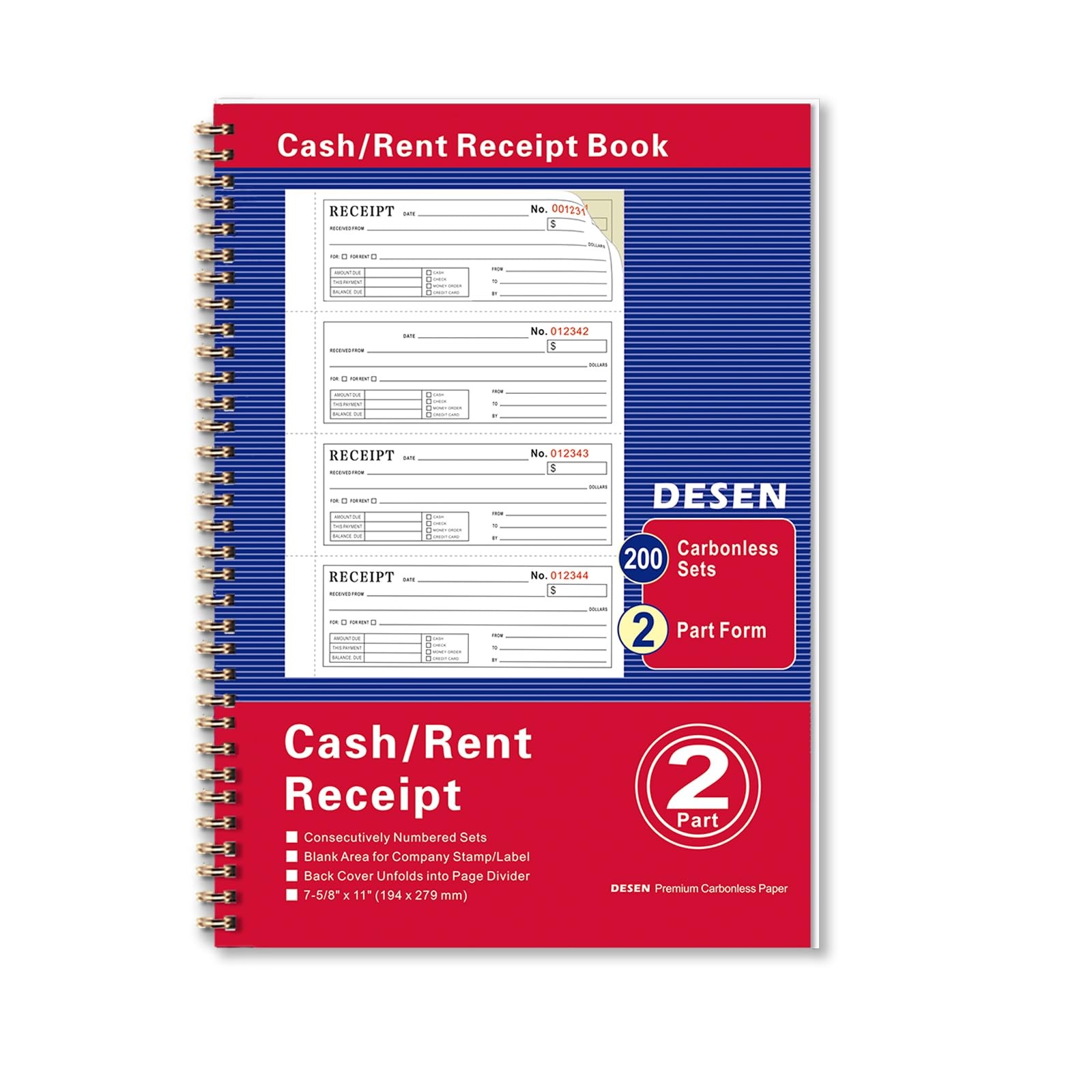 Money and Rent Receipt Book, 2-Part Carbonless, 7-5/8″ x 11″, Spiral Bound, 200