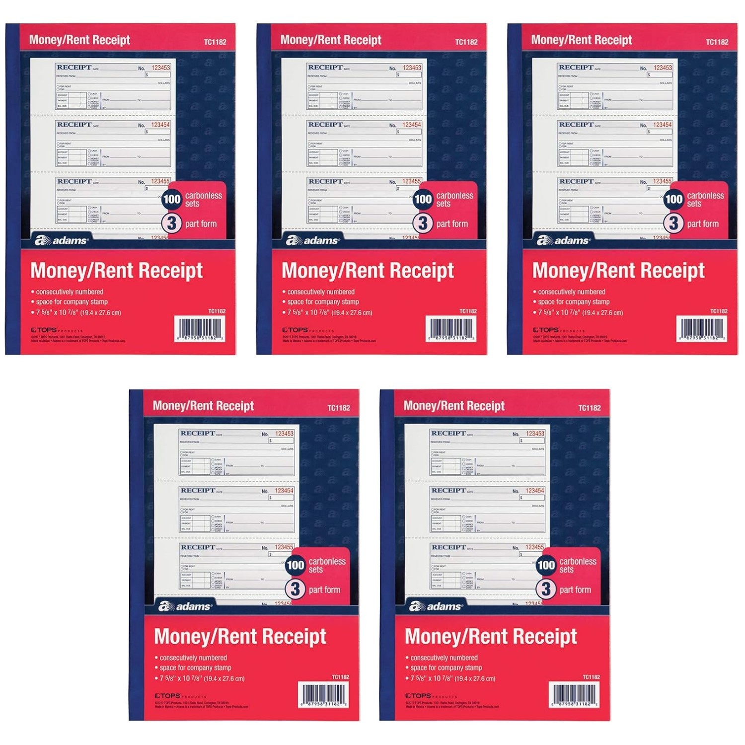 Rent Payment Receipts, 100 Sheets, 5 Pack