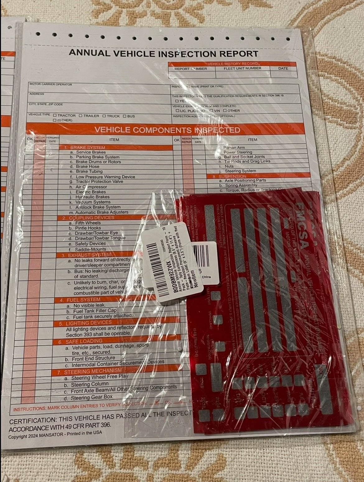 Annual Vehicle Inspection Report Sheets 5 Packs