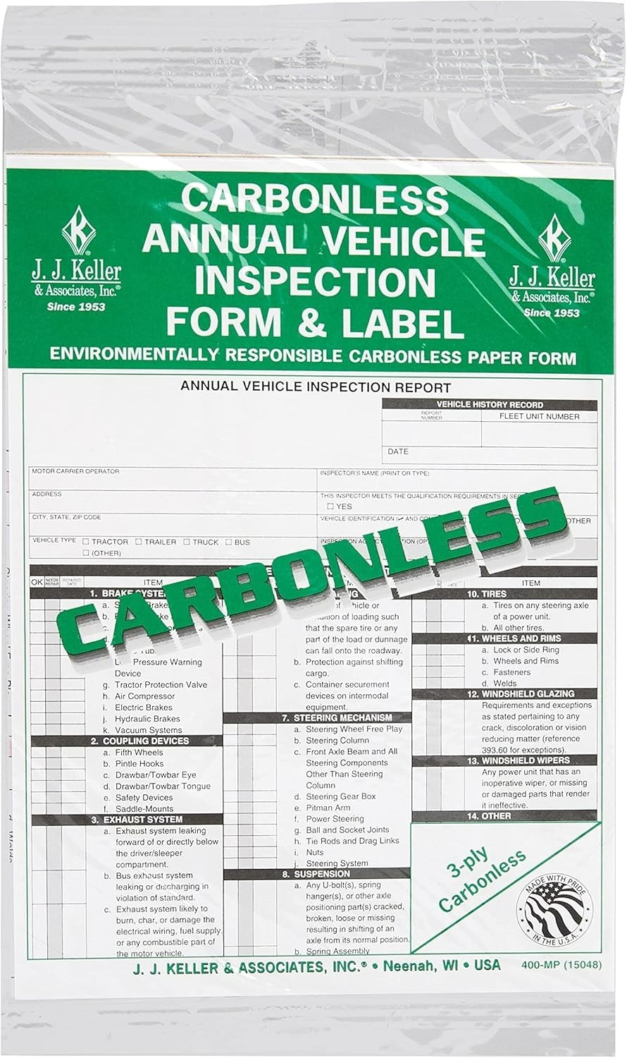 Annual Vehicle Inspection Report Shrinkwrapped Snap-Out Format, 3-Ply Carbonl…