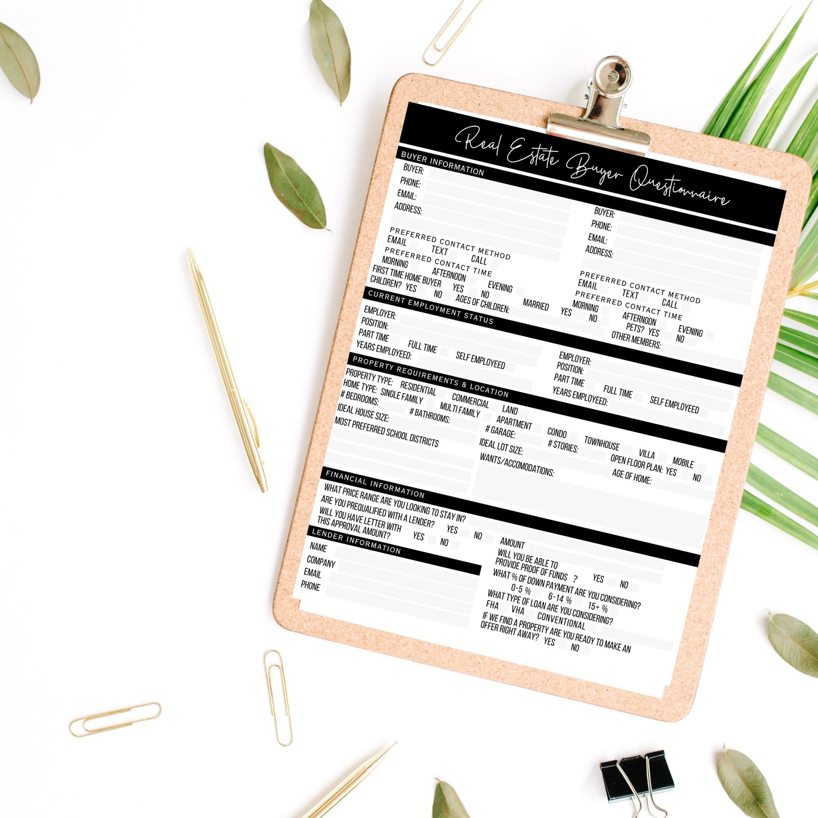 50 PCS Real Estate Buyer Seller Questionnaire Agent Form 8.5×11 Inch 25 Each