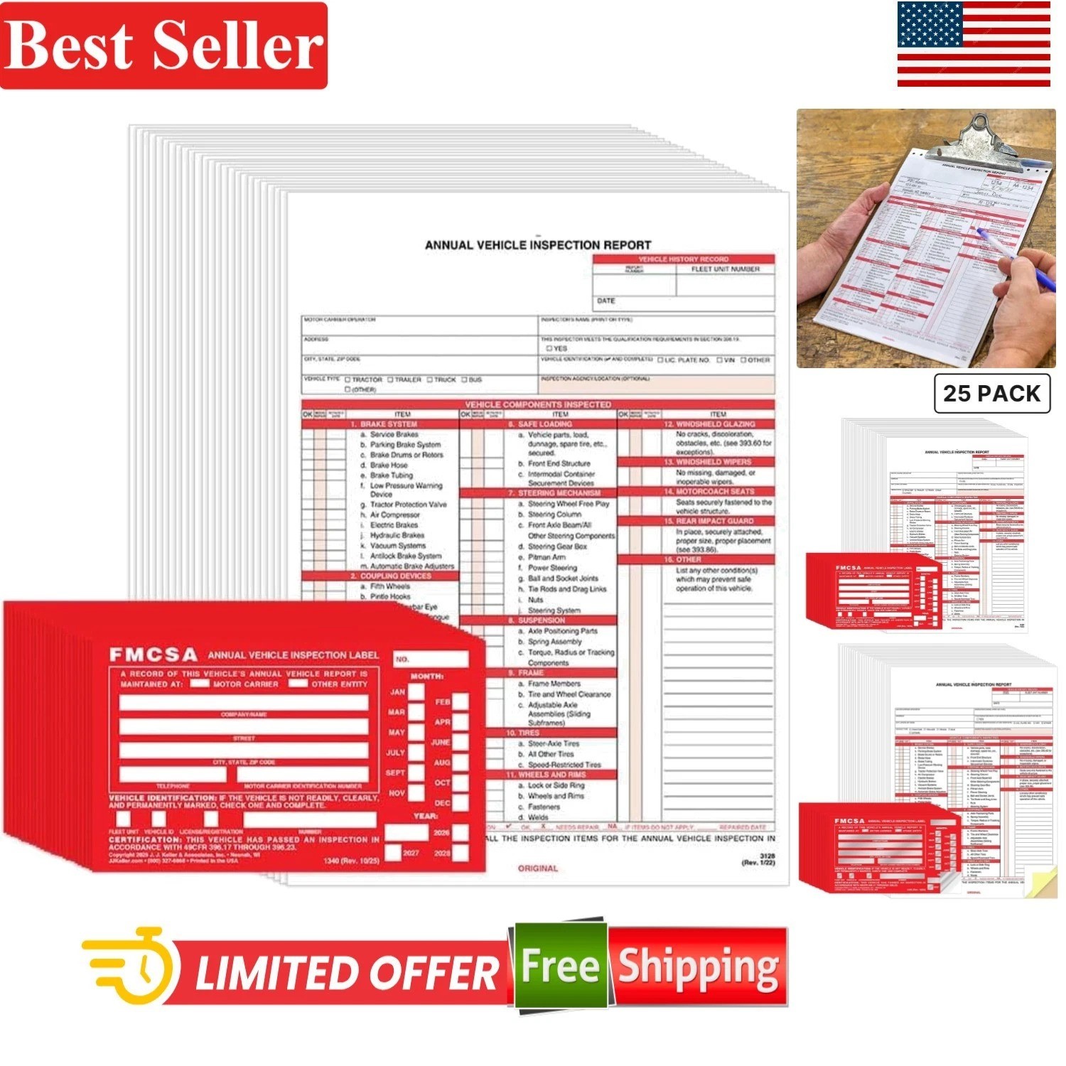 Vehicle Inspection Report Form & FMCSA Label 25 Pack Aluminum 8.5×11 Carbonless