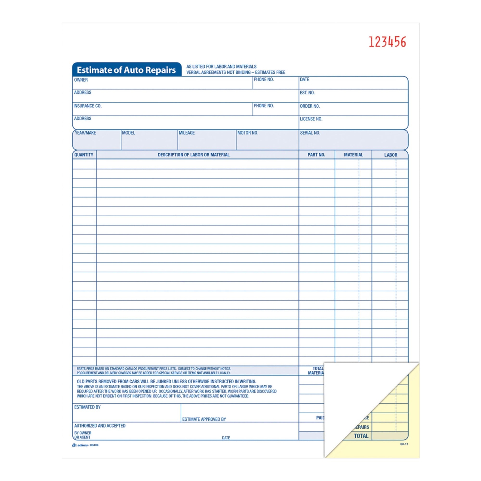Adams Auto Repair Estimate Book 2-Part Carbonless White/Canary 8-3/8 x 10-11