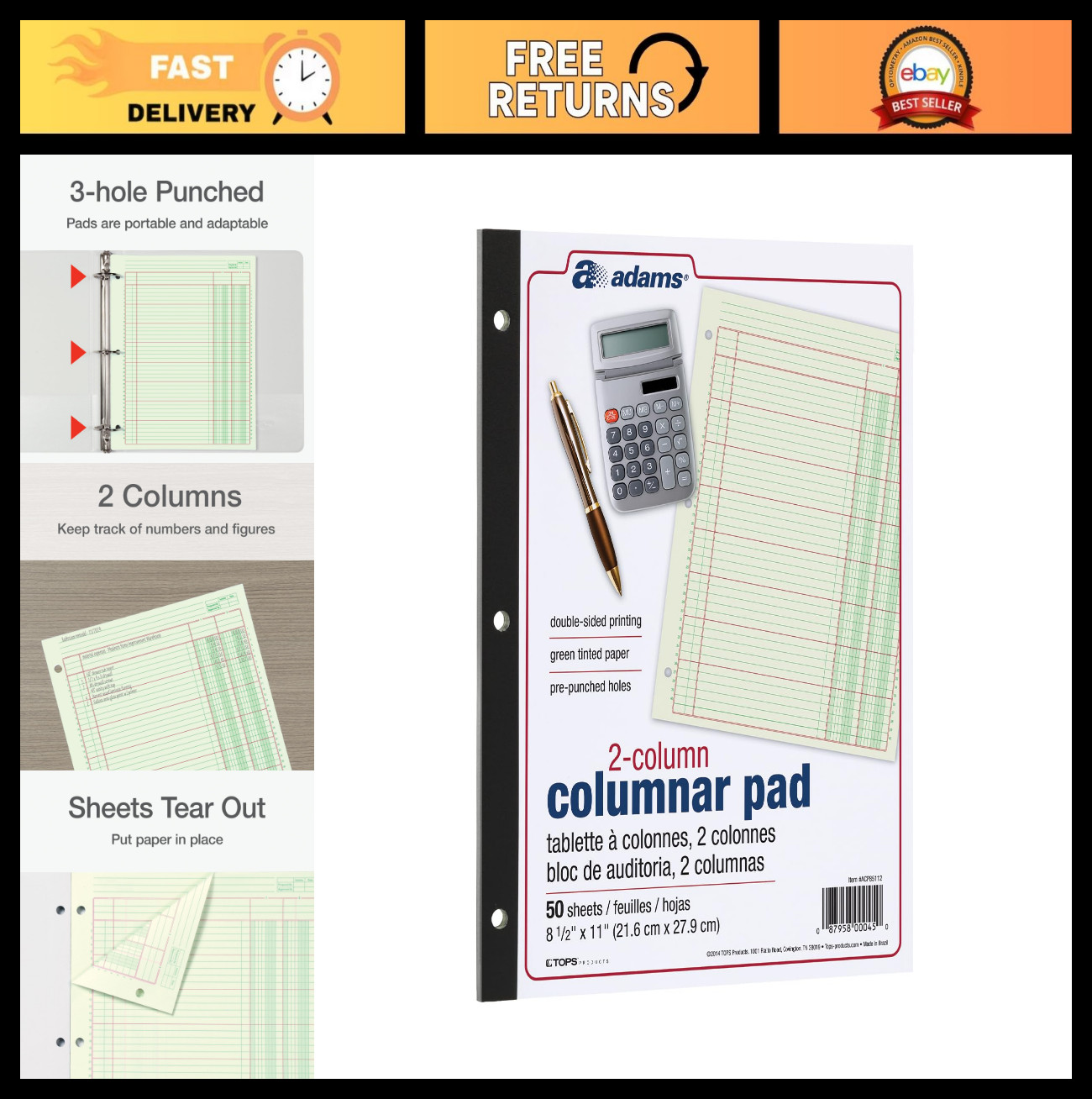Columnar Analysis Pad 2 Column Ledger 8.5″x11″ 100 Pages Green 3 Hole Punch Acco