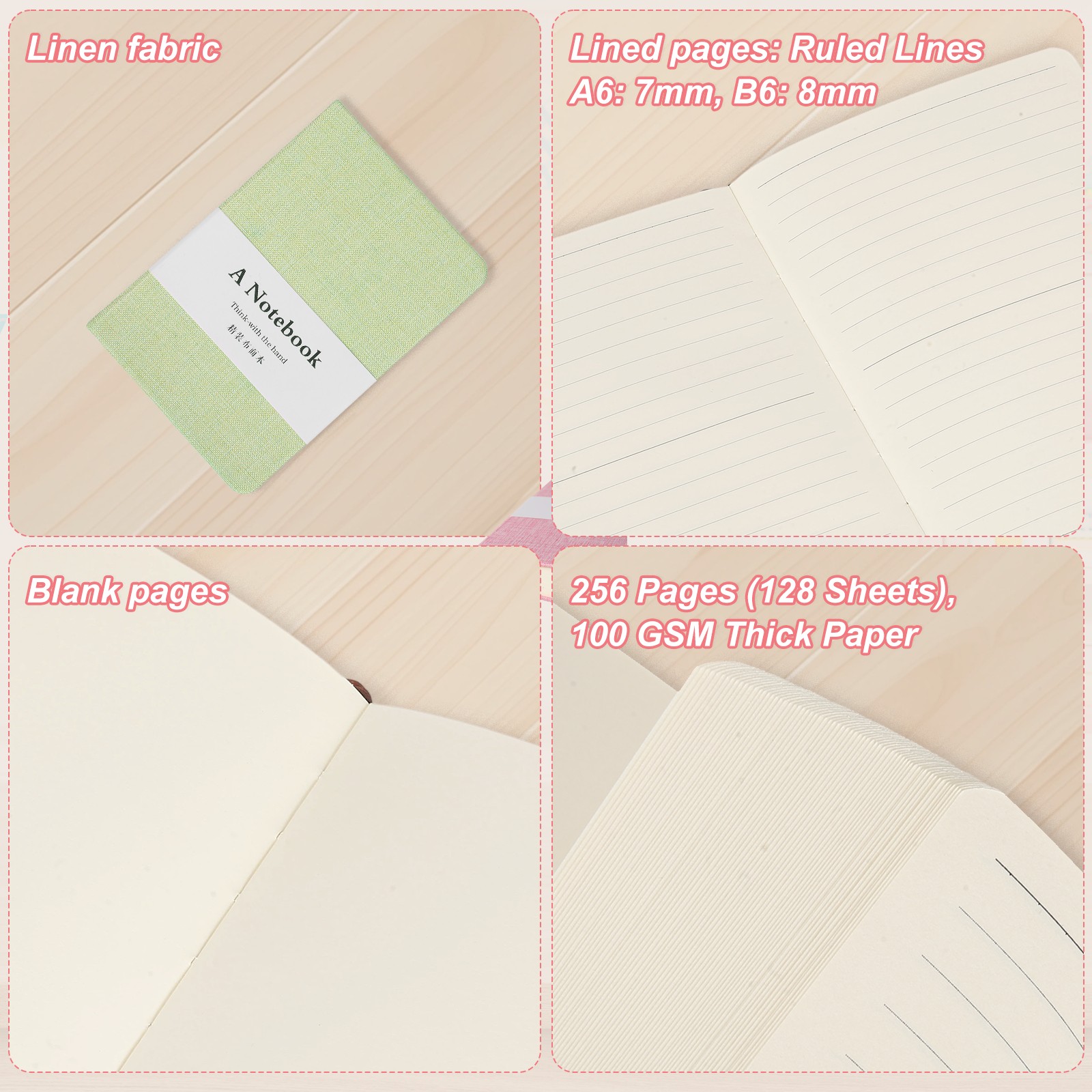 Linen Journal Notebook, 256 Pages 100 Gsm A6（3.9×5.7） Hardcover (Green)