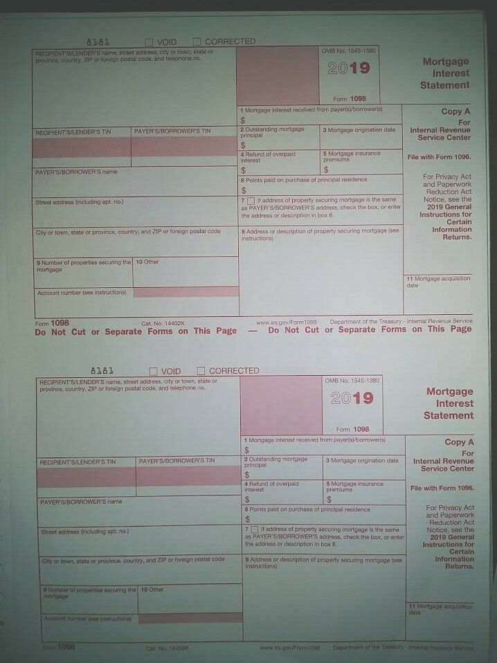 2019: 5 SHEETS 1098 IRS Mortgage Interest Statement & 3=1096 Transmittal Forms
