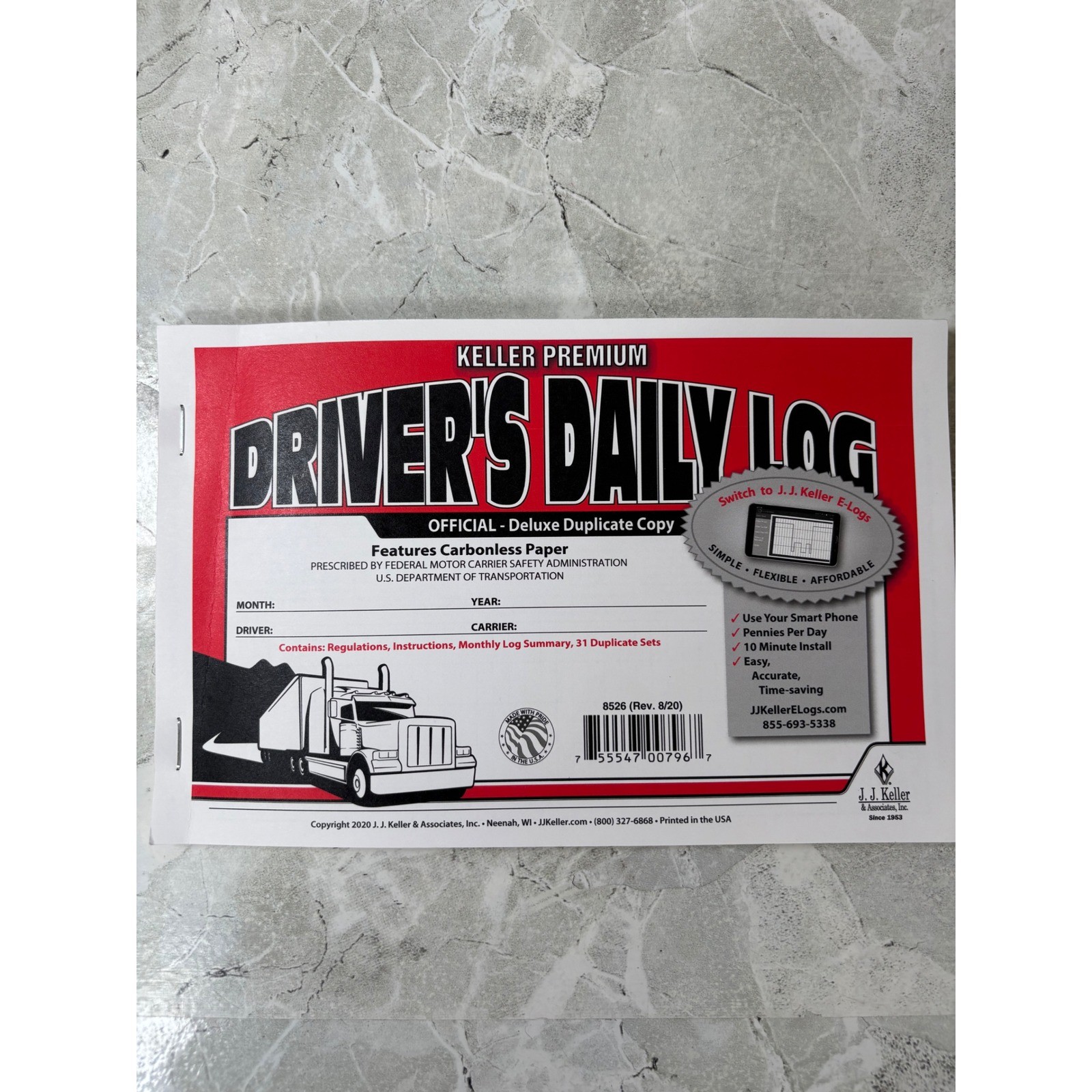 JJ Keller Premium Drivers Daily Log Book 8526 Carbonless Duplicate 31 Sets 8/20