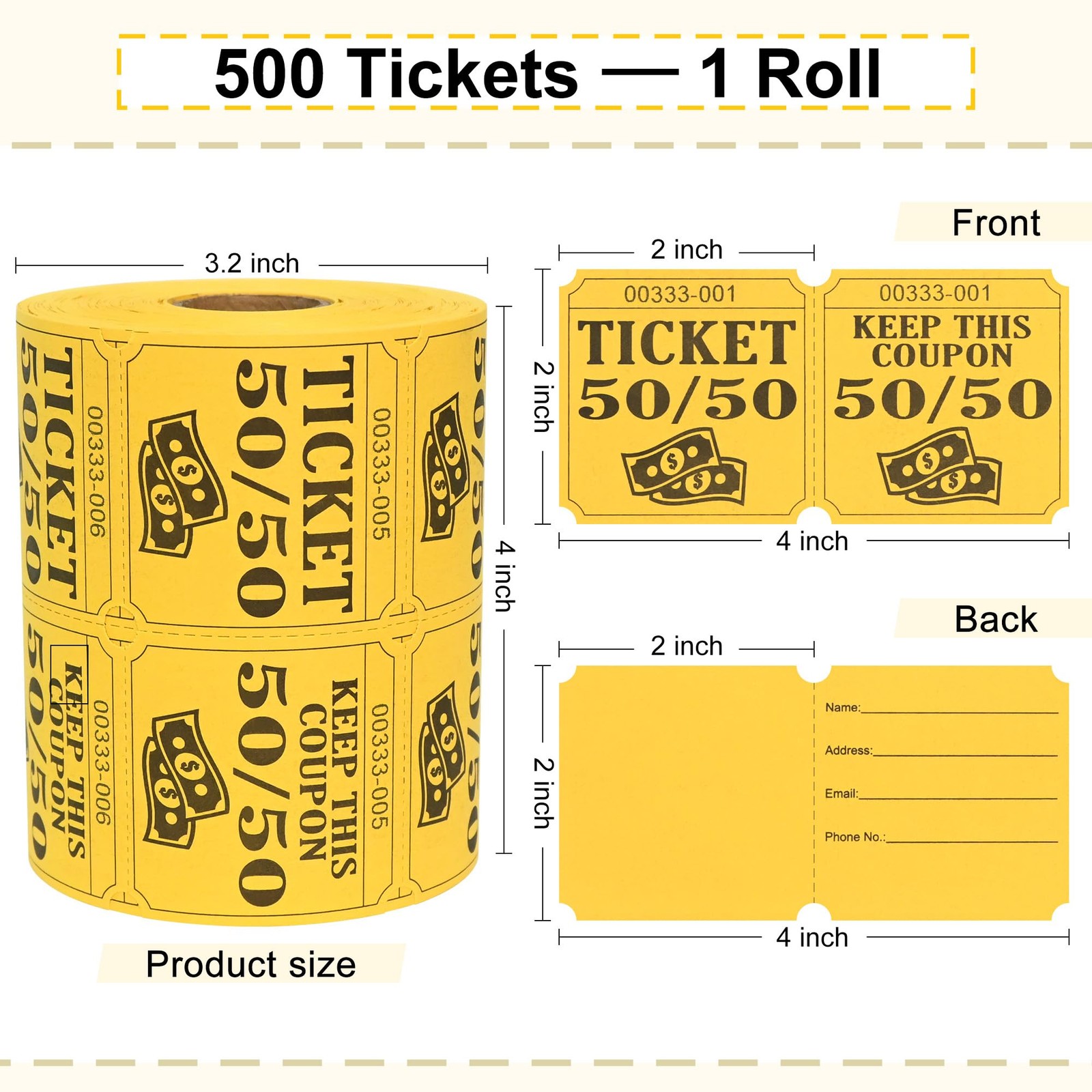 ESSENTIAL 500 Double Roll Raffle Tickets, 50/50 Cards, 4″x2″, Yellow