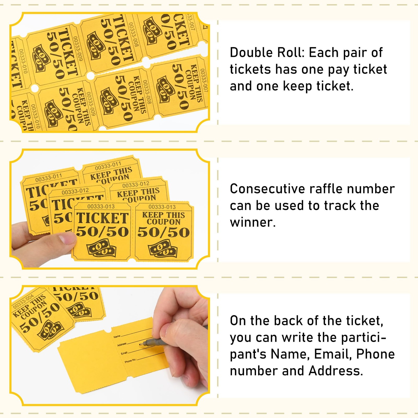 ESSENTIAL 500 Double Roll Raffle Tickets, 50/50 Cards, 4″x2″, Yellow