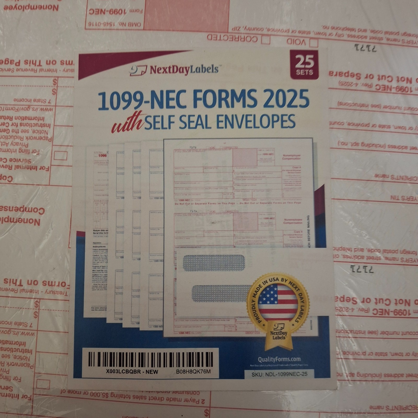NextDayLabels 1099-NEC Forms 2025 with Envelopes 25 Sets 3-Pack 75 Total Lot
