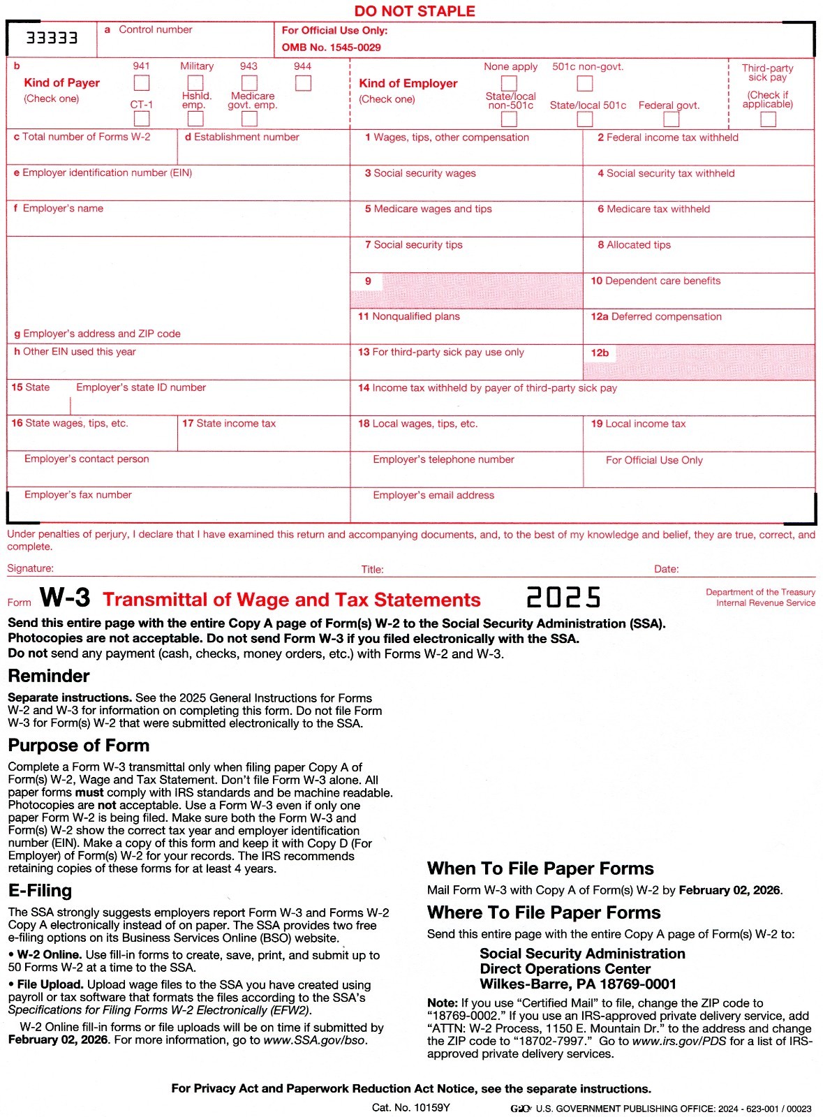 2025 IRS Tax Form W-2 – 2 employees LASER and 1 W-3 with envelopes