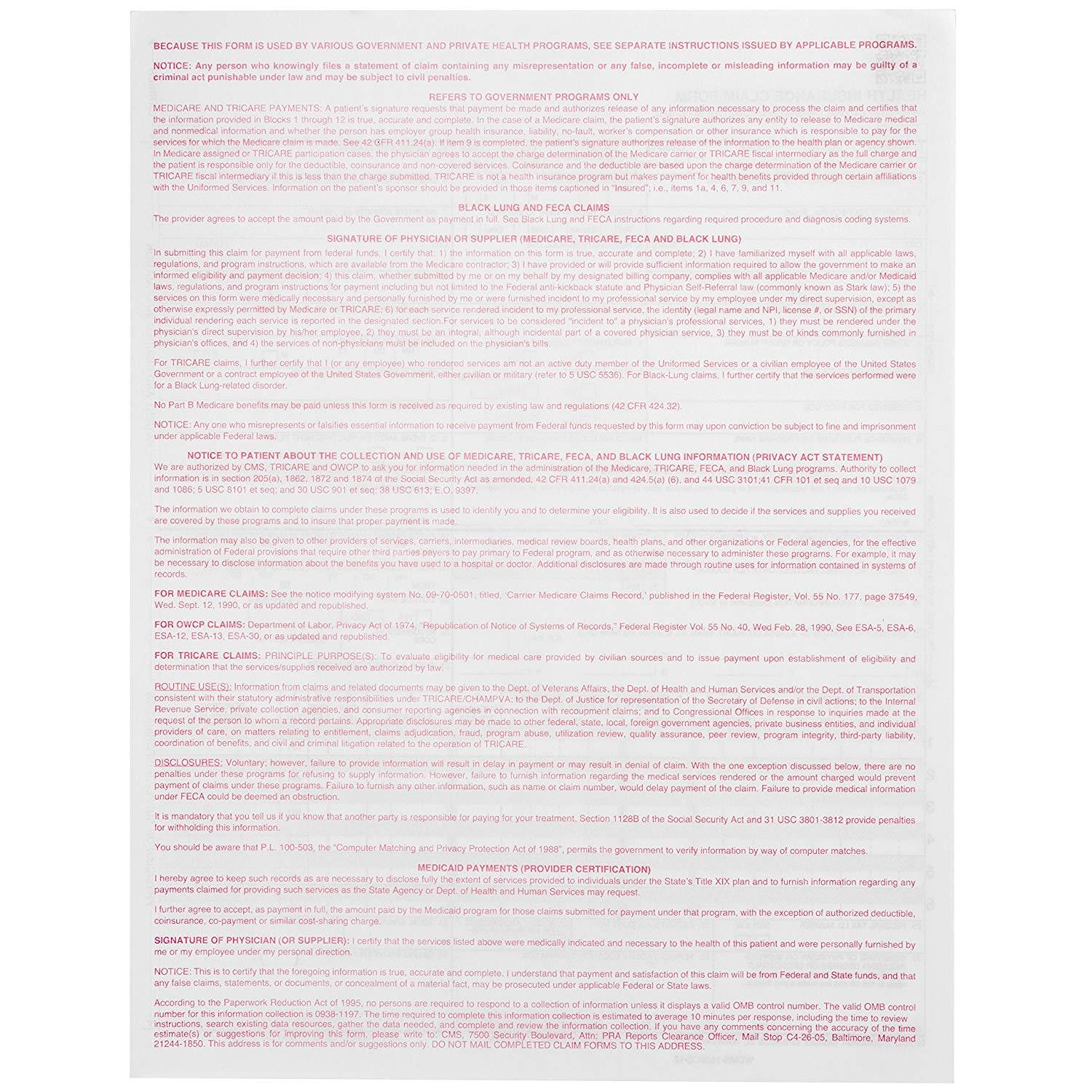 CMS 1500 – CMS-1500CS-12 WCMS-1500CS-12 Health Insurance Claim Form 100 Pack