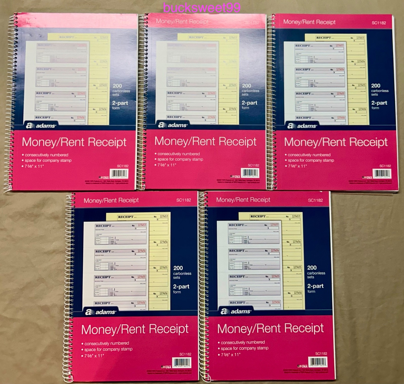 Adams SC1182 Money and Rent Receipts Book – 2-Part Form – 200 Sets X 5 BOOKS
